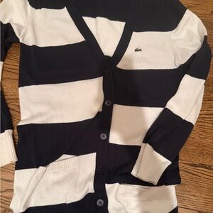 Lacoste Black and White Striped V-Neck Cardigan